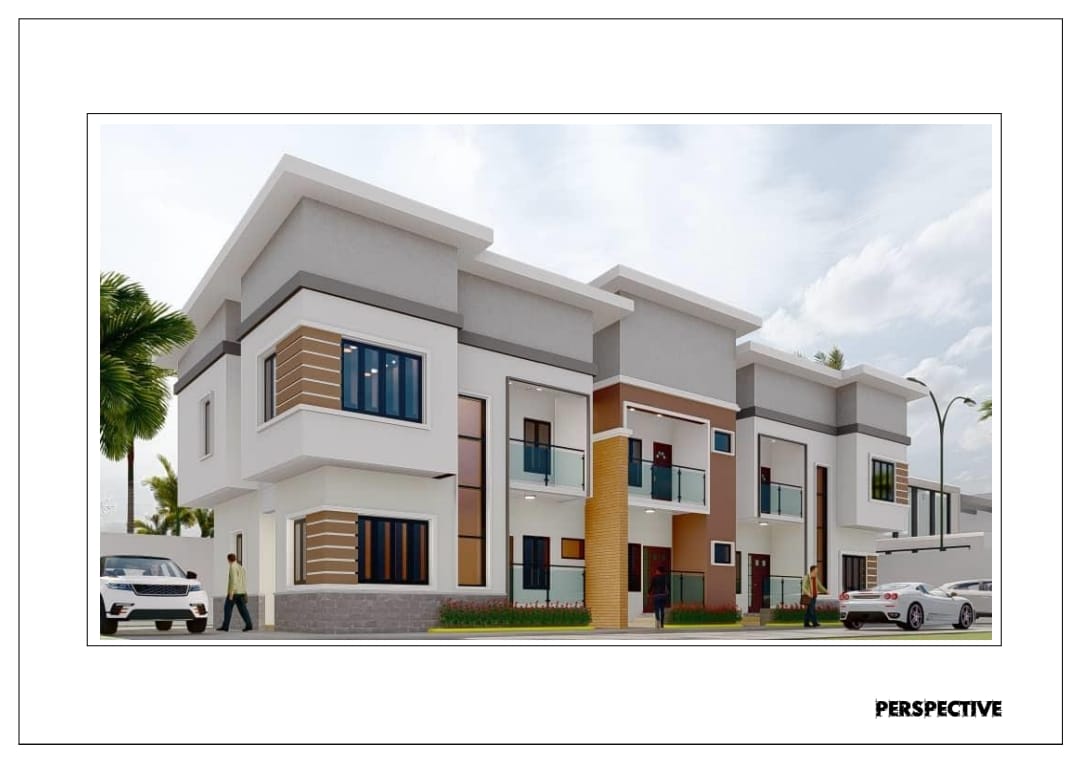 Symmetrical front elevation of the apartment block
